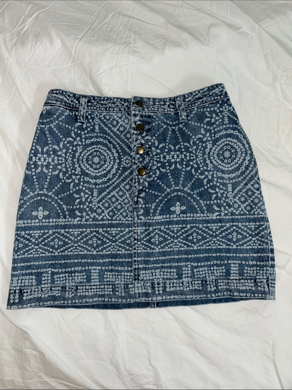 Free People Blue Printed Denim Button-Front Mini Skirt